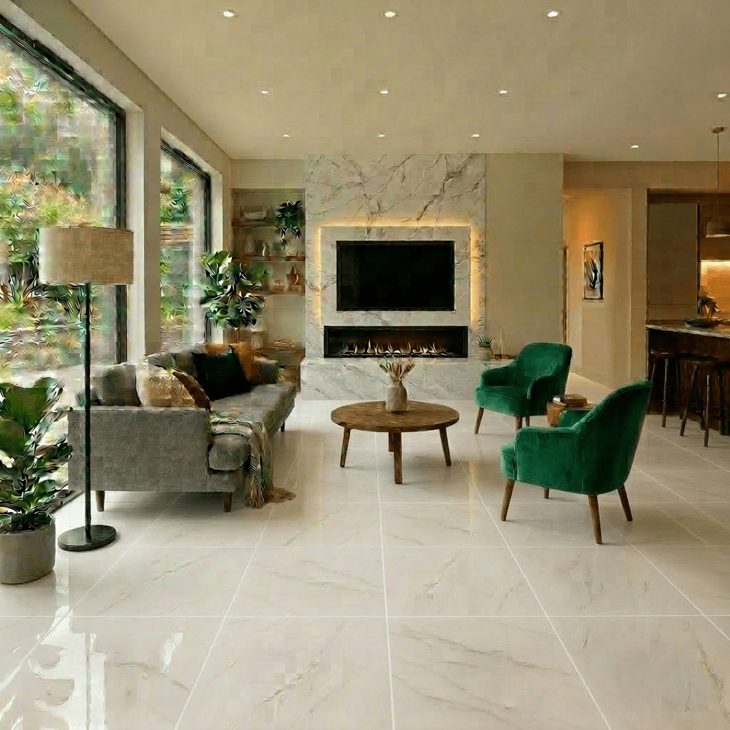 Bright modern living room with gray sofa, armchairs, round wooden coffee table, and large windows showing greenery outside